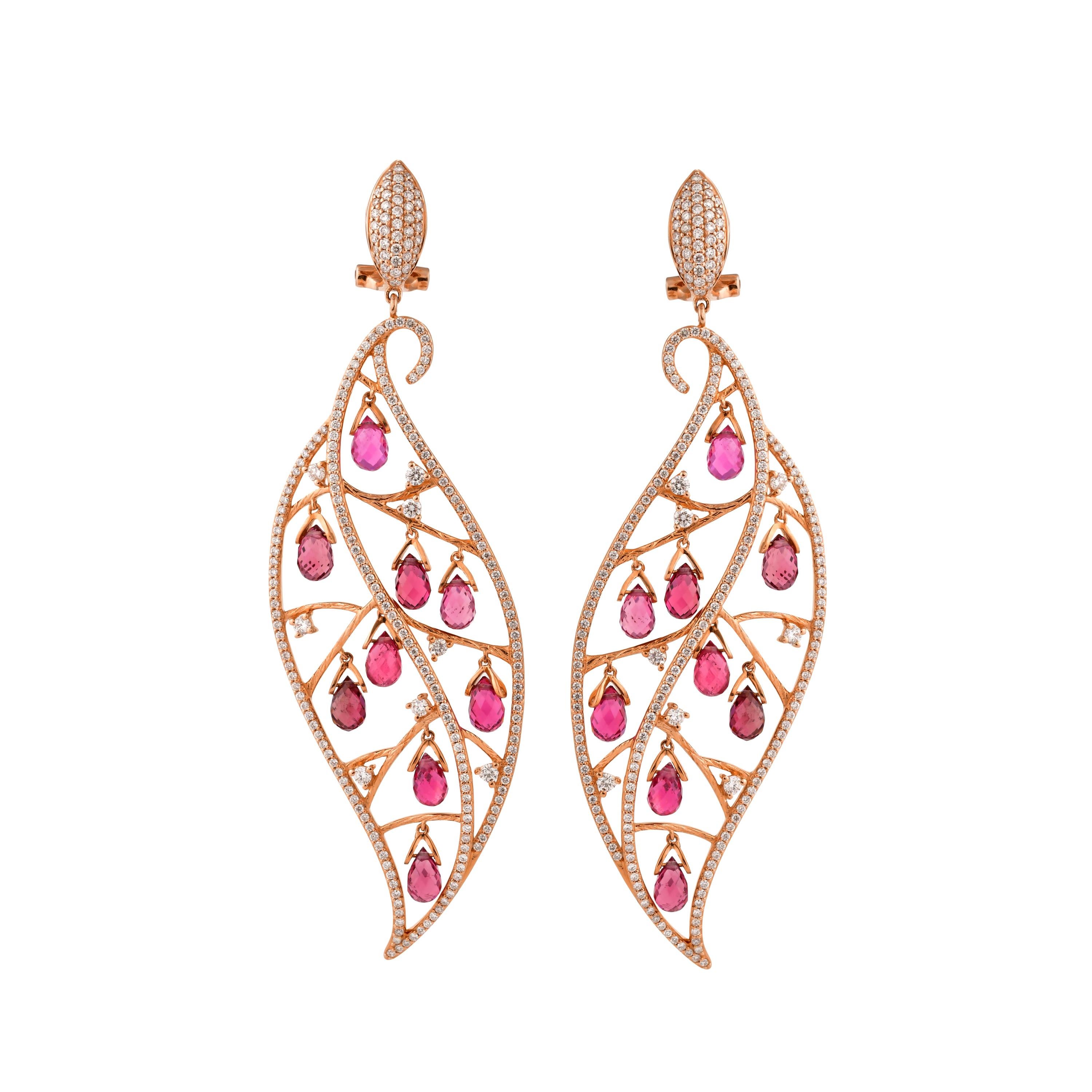 Contemporary Pink Tourmaline Dangle Earring in 14 Karat Rose Gold For Sale