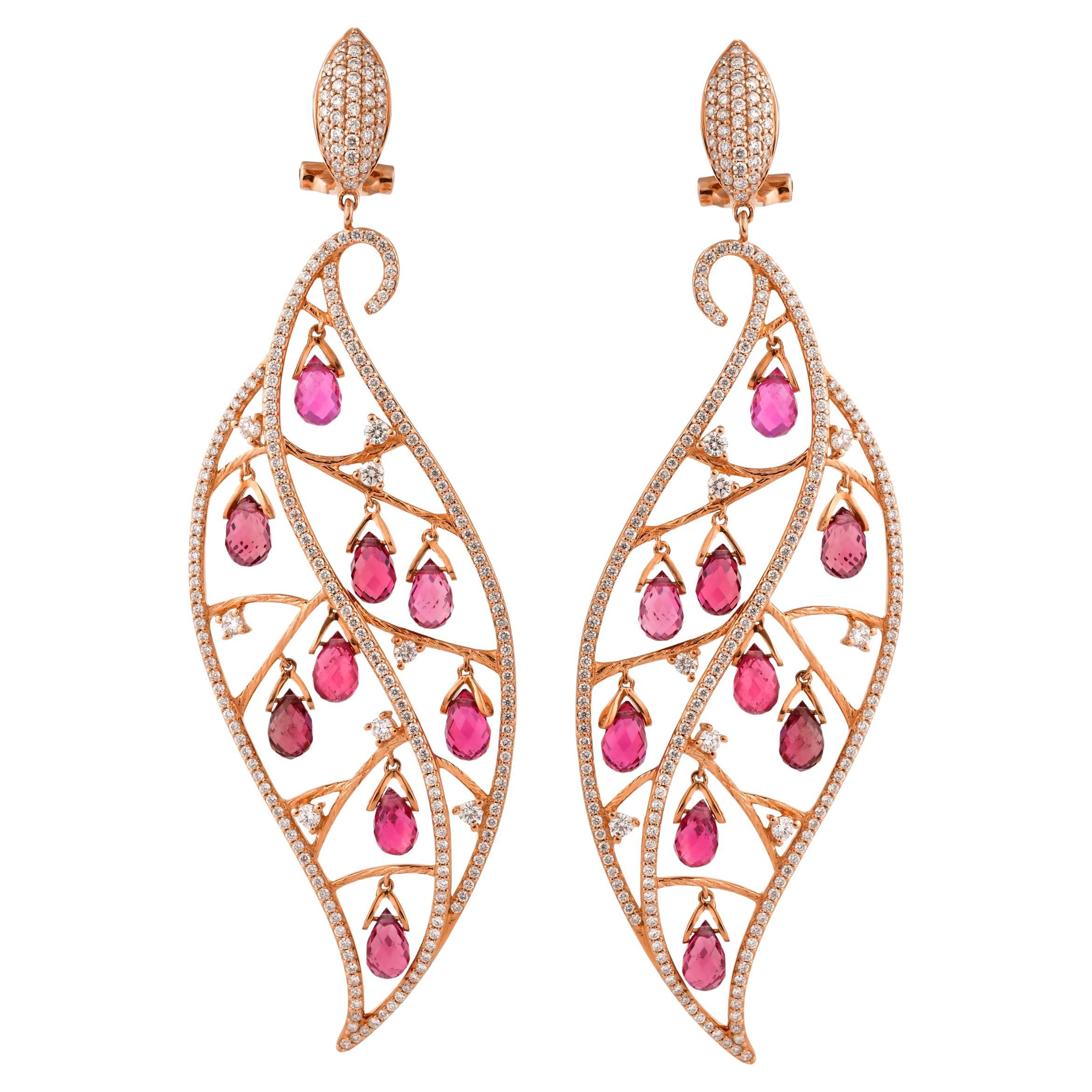 Boucles d'oreilles pendantes en or rose 14 carats avec tourmaline rose en vente
