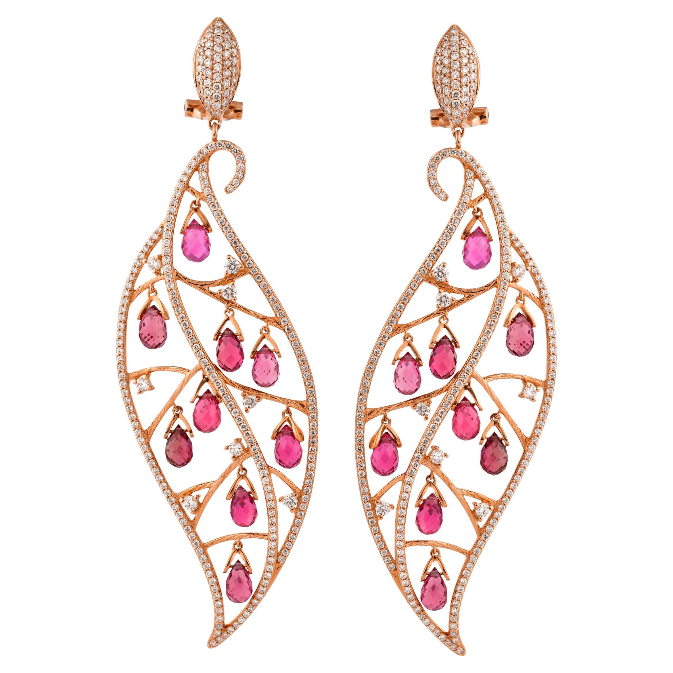 Boucles d'oreilles pendantes en or rose 14 carats avec tourmaline rose