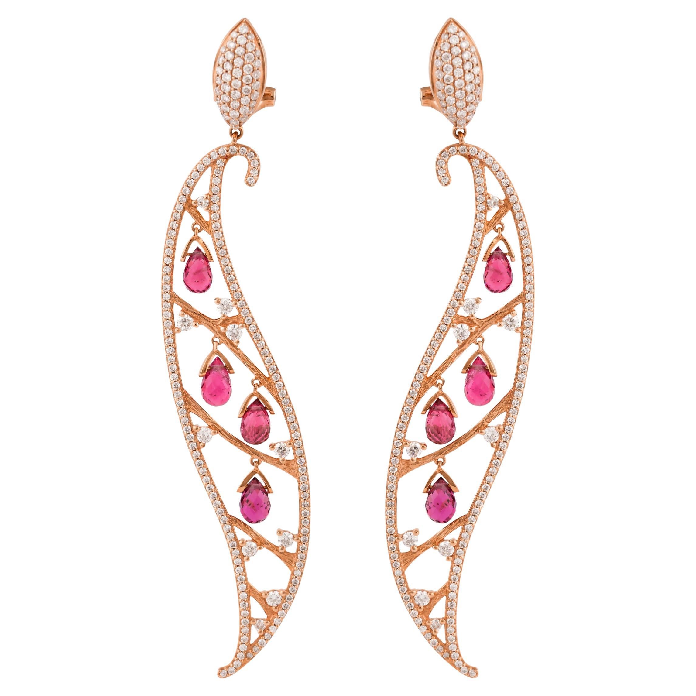 Pink Tourmaline Dangle Earring in 14 Karat Rose Gold For Sale
