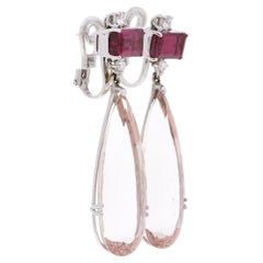 Boucles d'oreilles pendantes en or blanc 18 K avec tourmaline rose et diamant