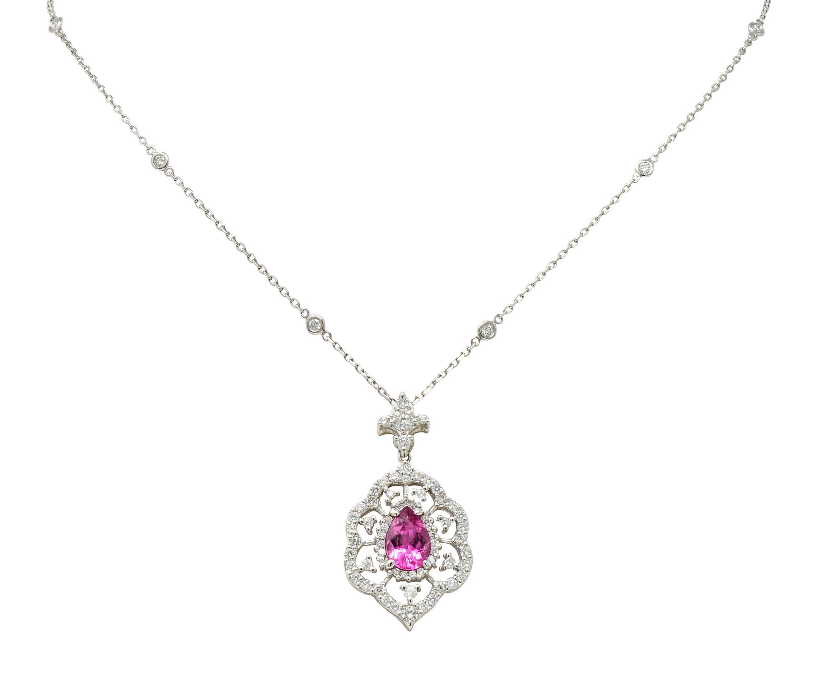Pink Tourmaline Diamond 18 Karat White Gold Cluster Pendant Necklace 4