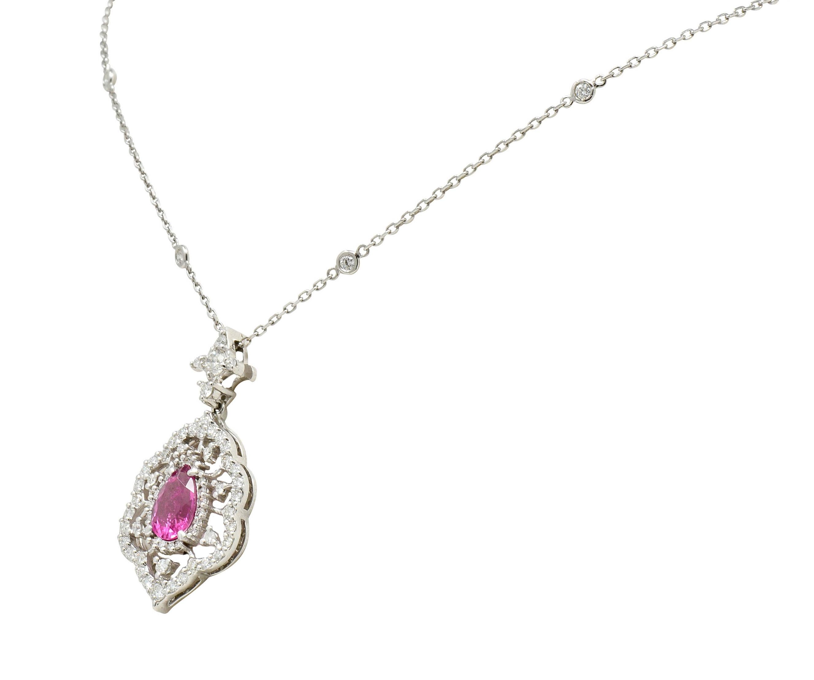 Contemporary Pink Tourmaline Diamond 18 Karat White Gold Cluster Pendant Necklace