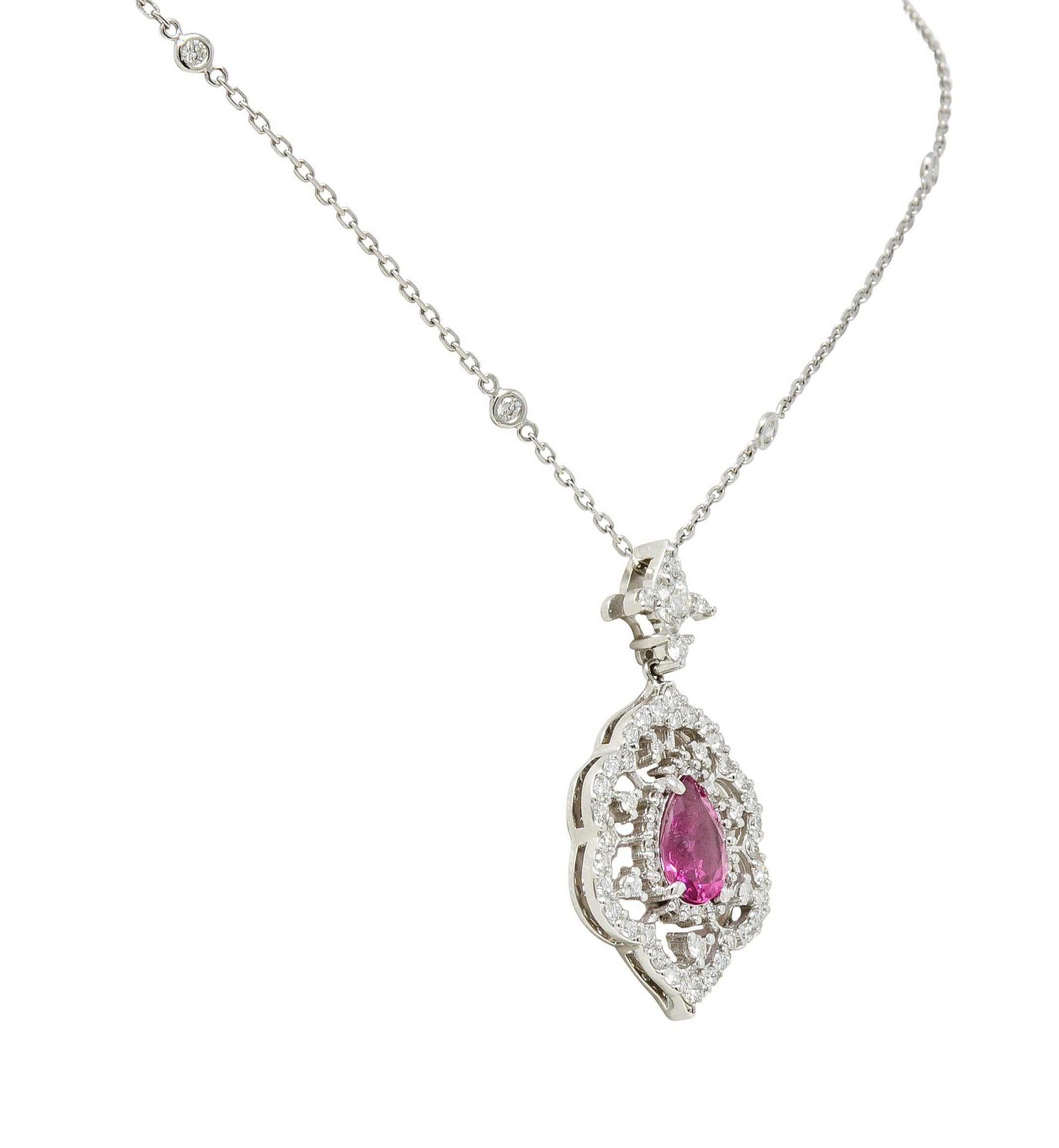 Pink Tourmaline Diamond 18 Karat White Gold Cluster Pendant Necklace In Excellent Condition In Philadelphia, PA