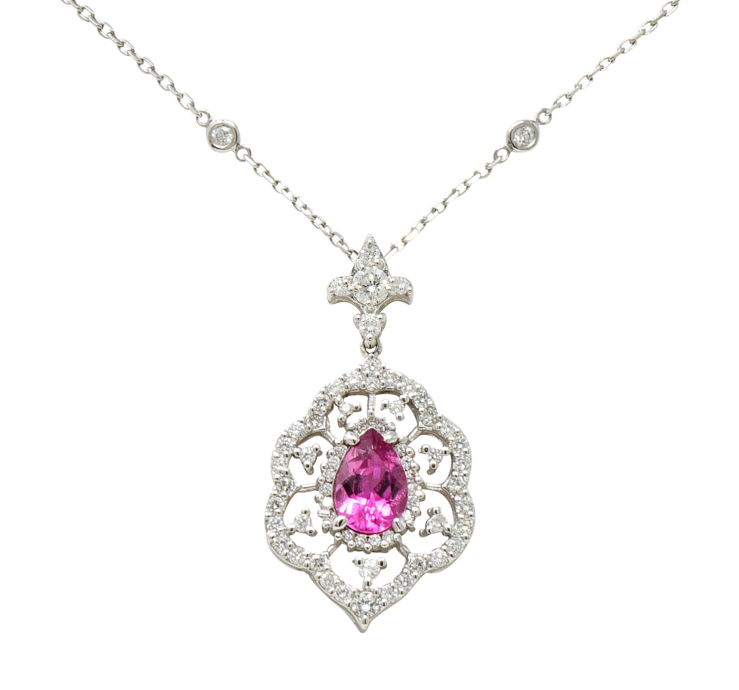Women's or Men's Pink Tourmaline Diamond 18 Karat White Gold Cluster Pendant Necklace