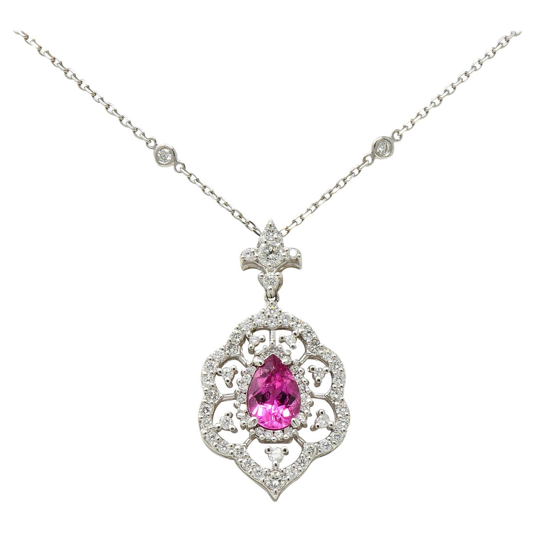 Pink Tourmaline Diamond 18 Karat White Gold Cluster Pendant Necklace