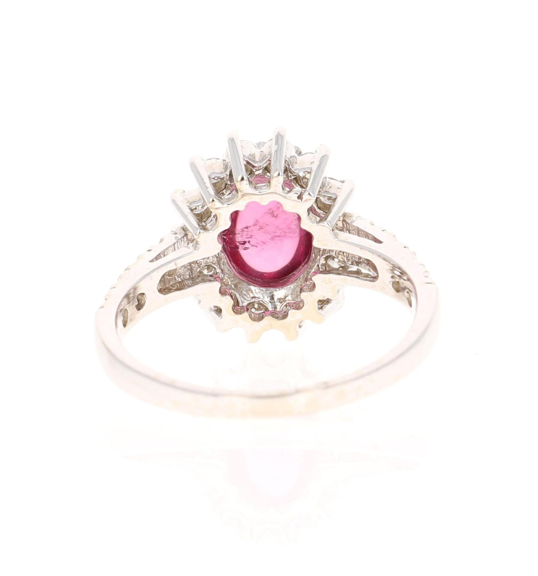 Cabochon Natural Pink Tourmaline Natural Diamond White Gold Ring For Sale