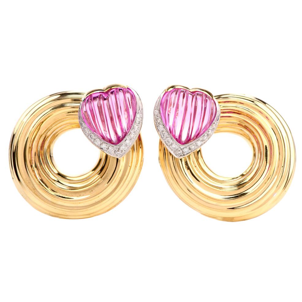 Clips d'oreilles en forme de cœur en or jaune 18 carats avec tourmaline rose et diamants