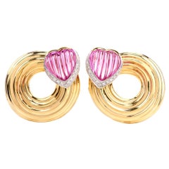 Retro Pink Tourmaline Diamond 18 Karat Yellow Gold Heart Swirl Clip-On Earrings