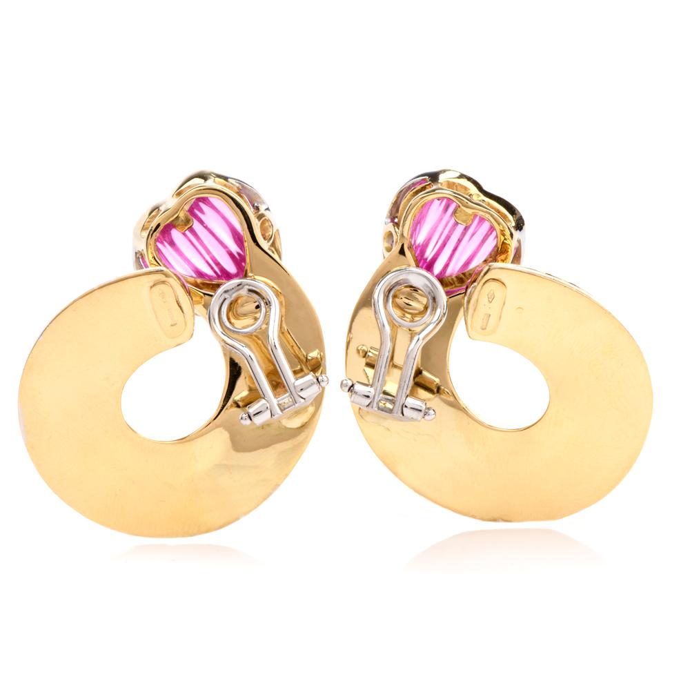 Heart Cut Pink Tourmaline Diamond 18 Karat Yellow Gold Heart Swirl Clip-On Earrings For Sale