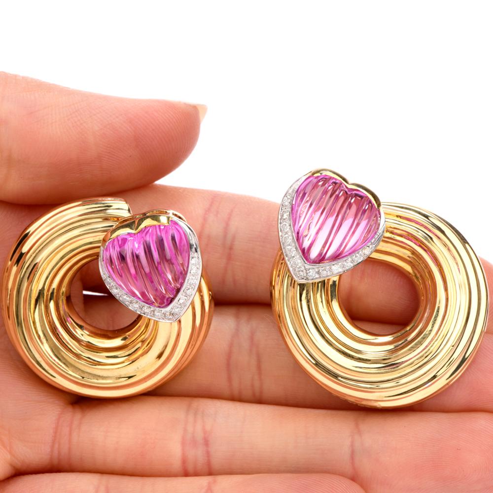 Pink Tourmaline Diamond 18 Karat Yellow Gold Heart Swirl Clip-On Earrings In Excellent Condition For Sale In Miami, FL