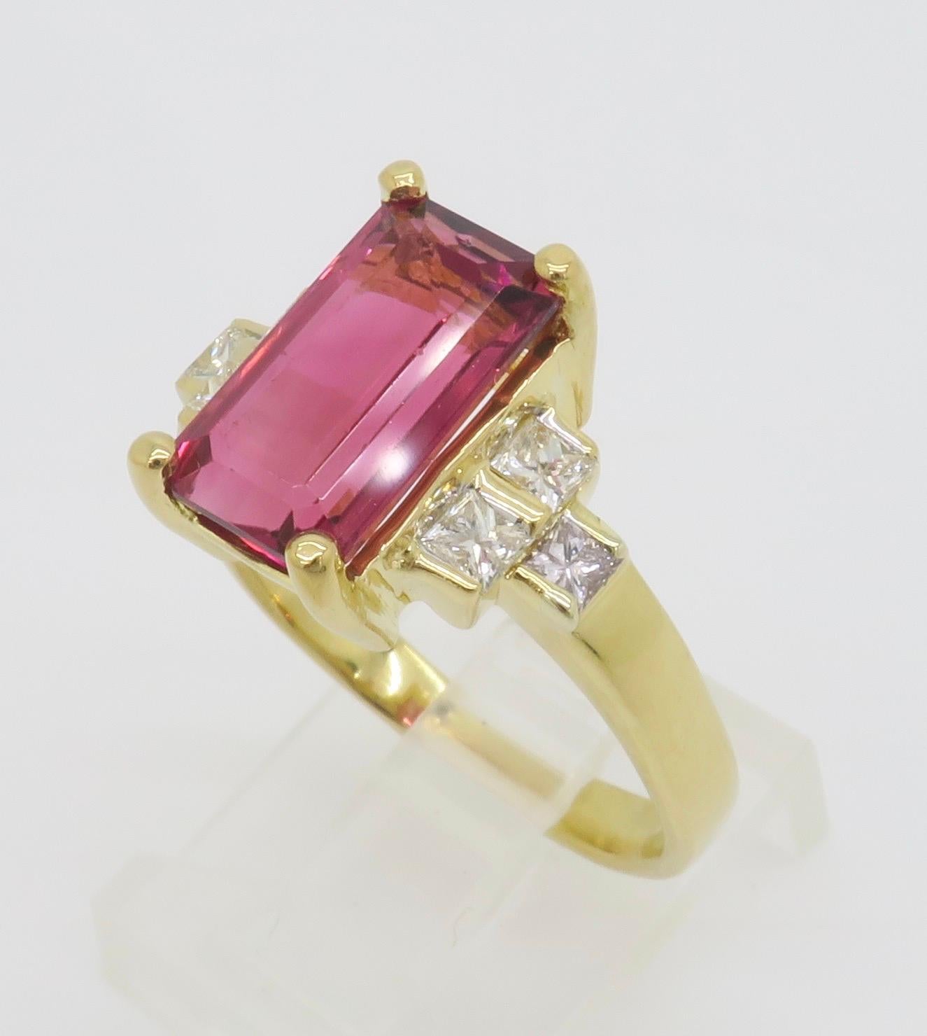 Princess Cut Pink Tourmaline & Diamond 18k Yellow Gold Ring For Sale