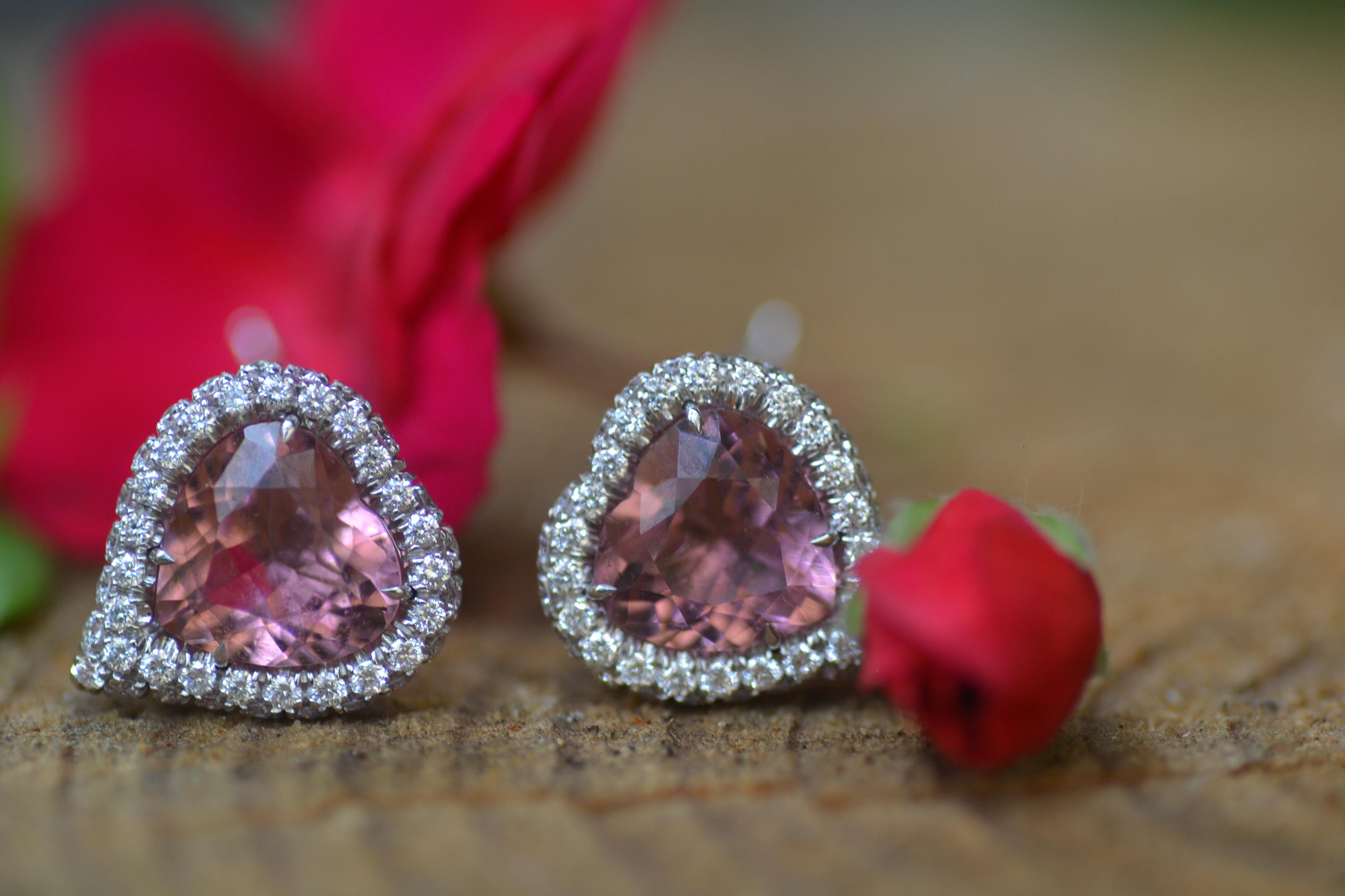 Contemporary Pink Tourmaline Diamond 18KT White Gold  Made in Italy Earrings 