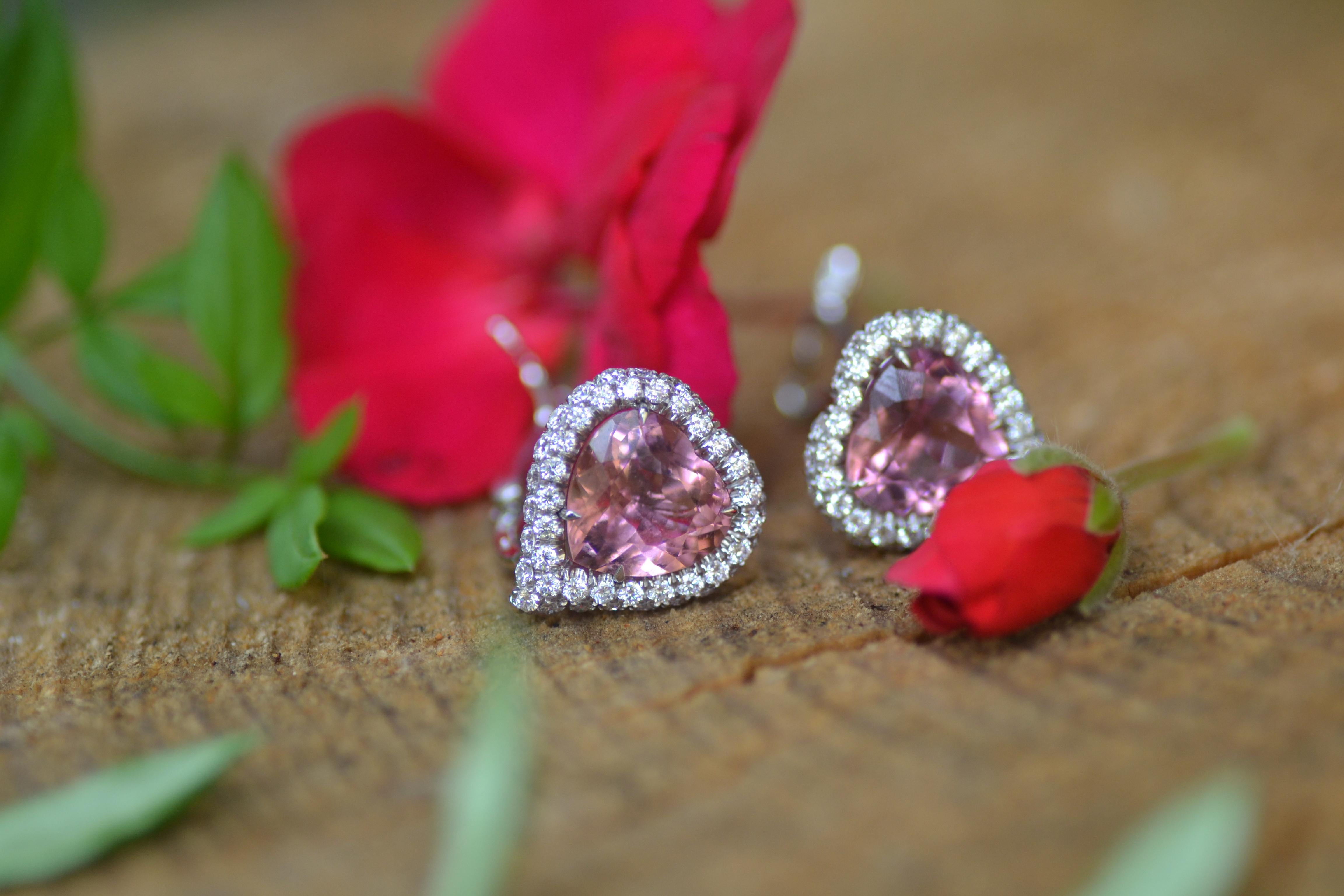 Mixed Cut Pink Tourmaline Diamond 18KT White Gold  Made in Italy Earrings 