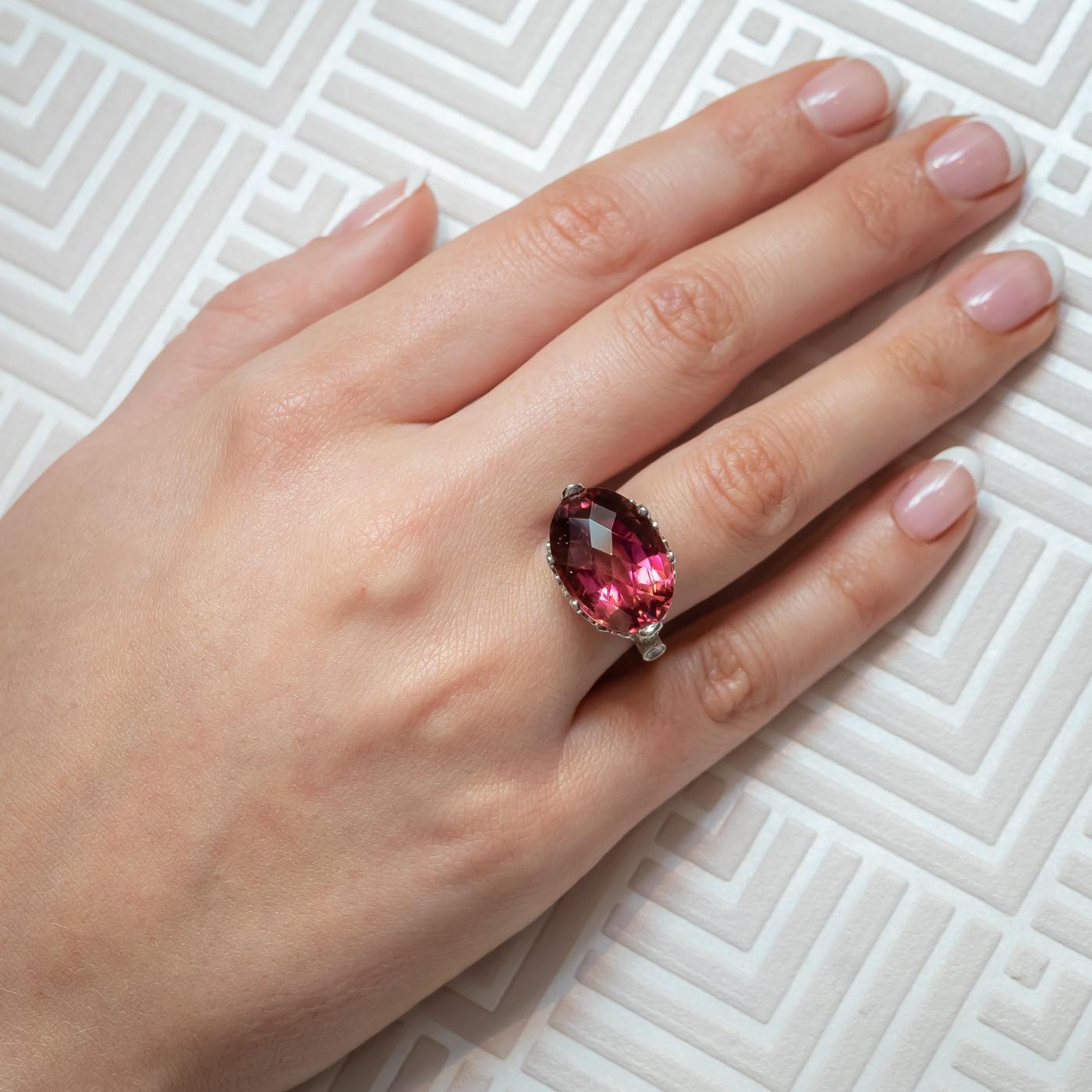 Modern Pink Tourmaline, Diamond and Platinum Ring For Sale