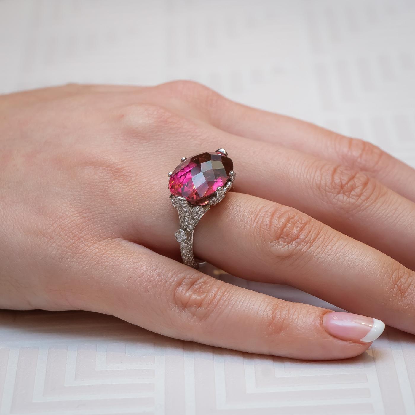 Oval Cut Pink Tourmaline, Diamond and Platinum Ring For Sale