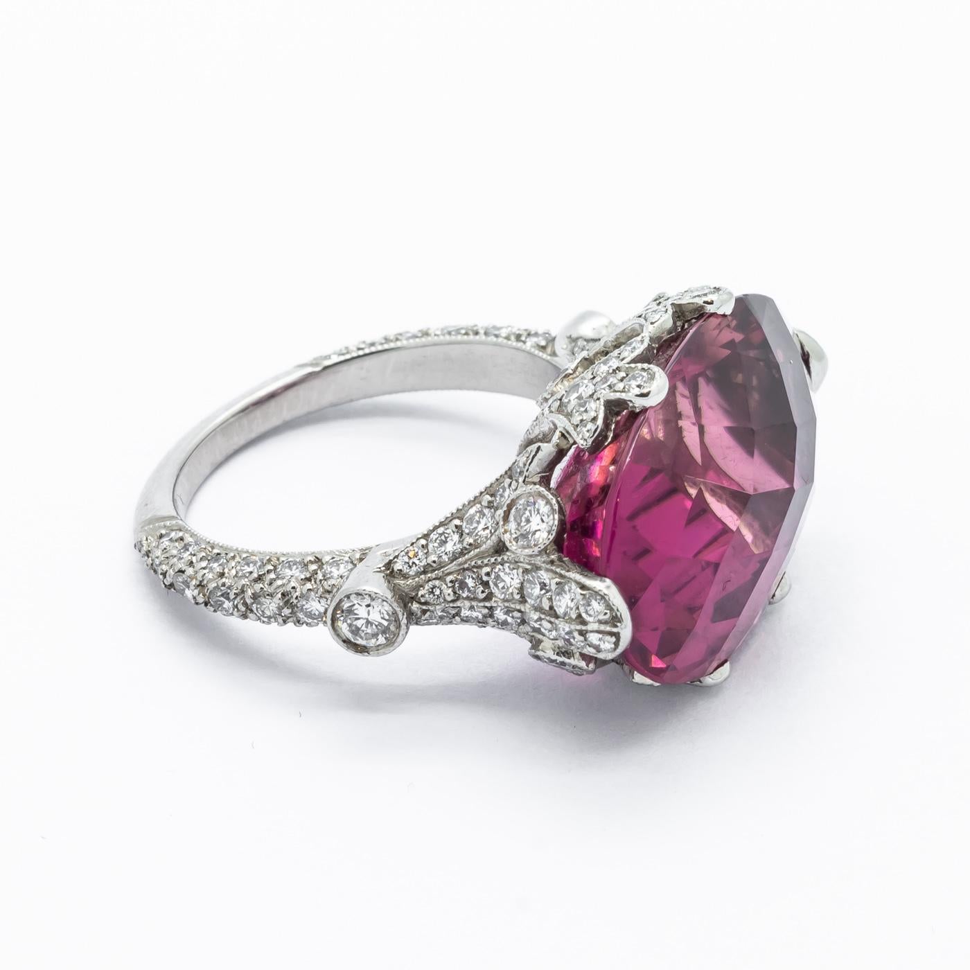 Pink Tourmaline, Diamond and Platinum Ring For Sale 1