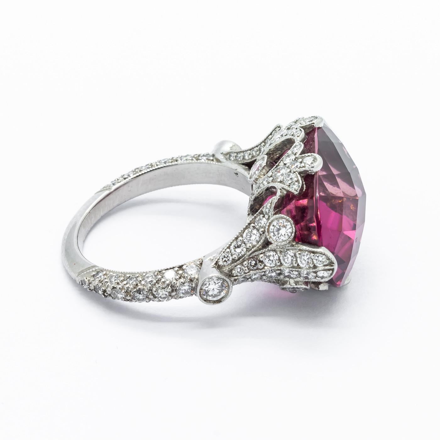 Pink Tourmaline, Diamond and Platinum Ring For Sale 2