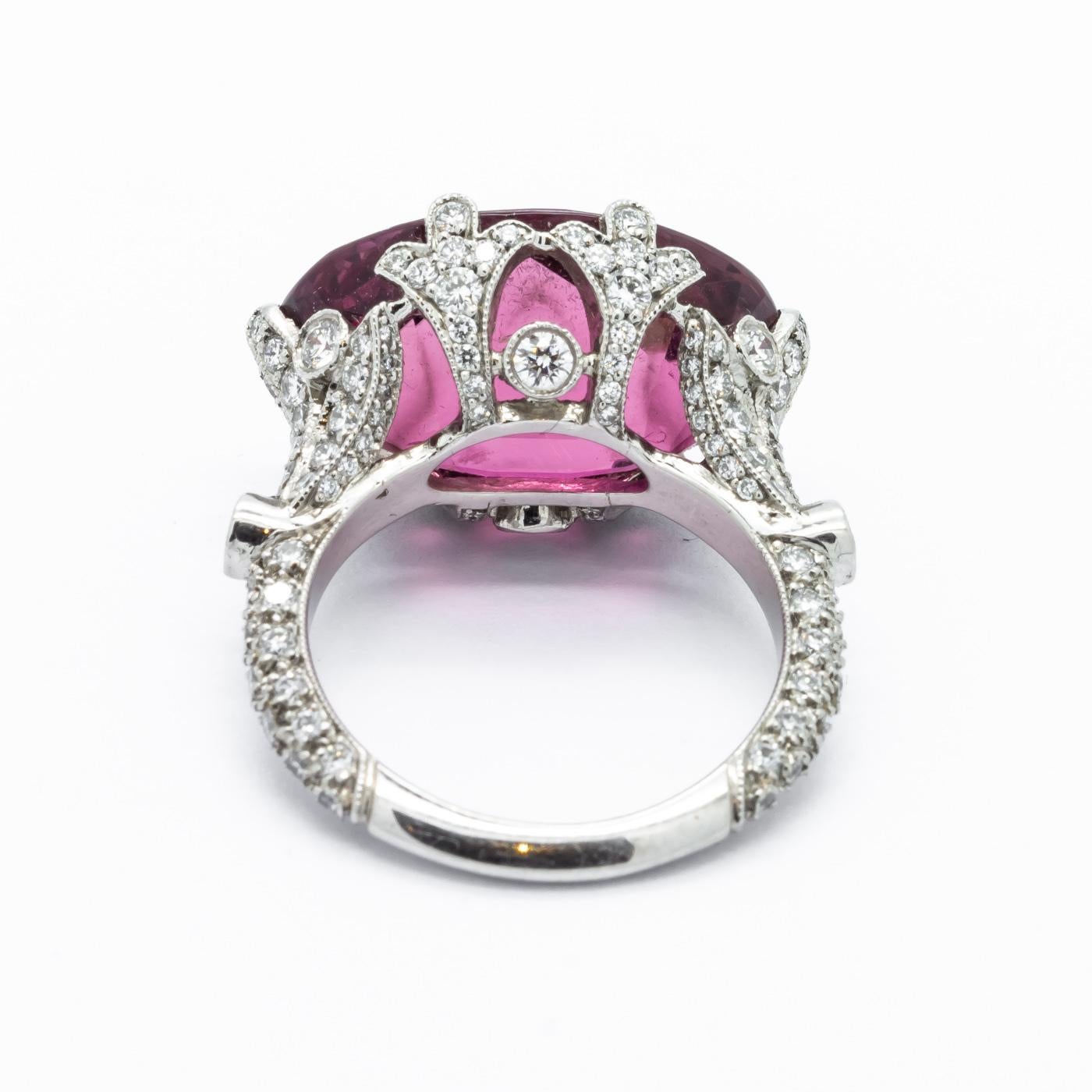 Pink Tourmaline, Diamond and Platinum Ring For Sale 3