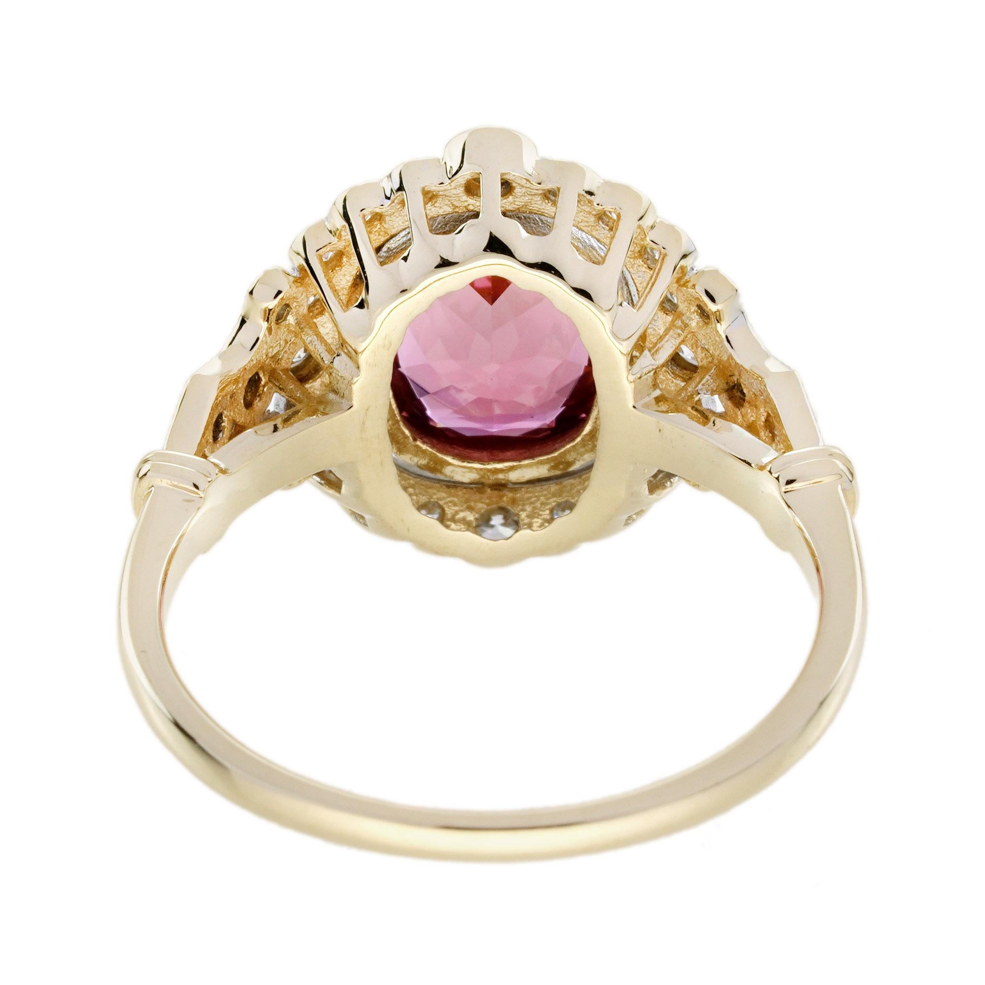 Bague de fiançailles en or jaune 14 carats avec tourmaline rose, diamant et halo de style ancien en vente 4