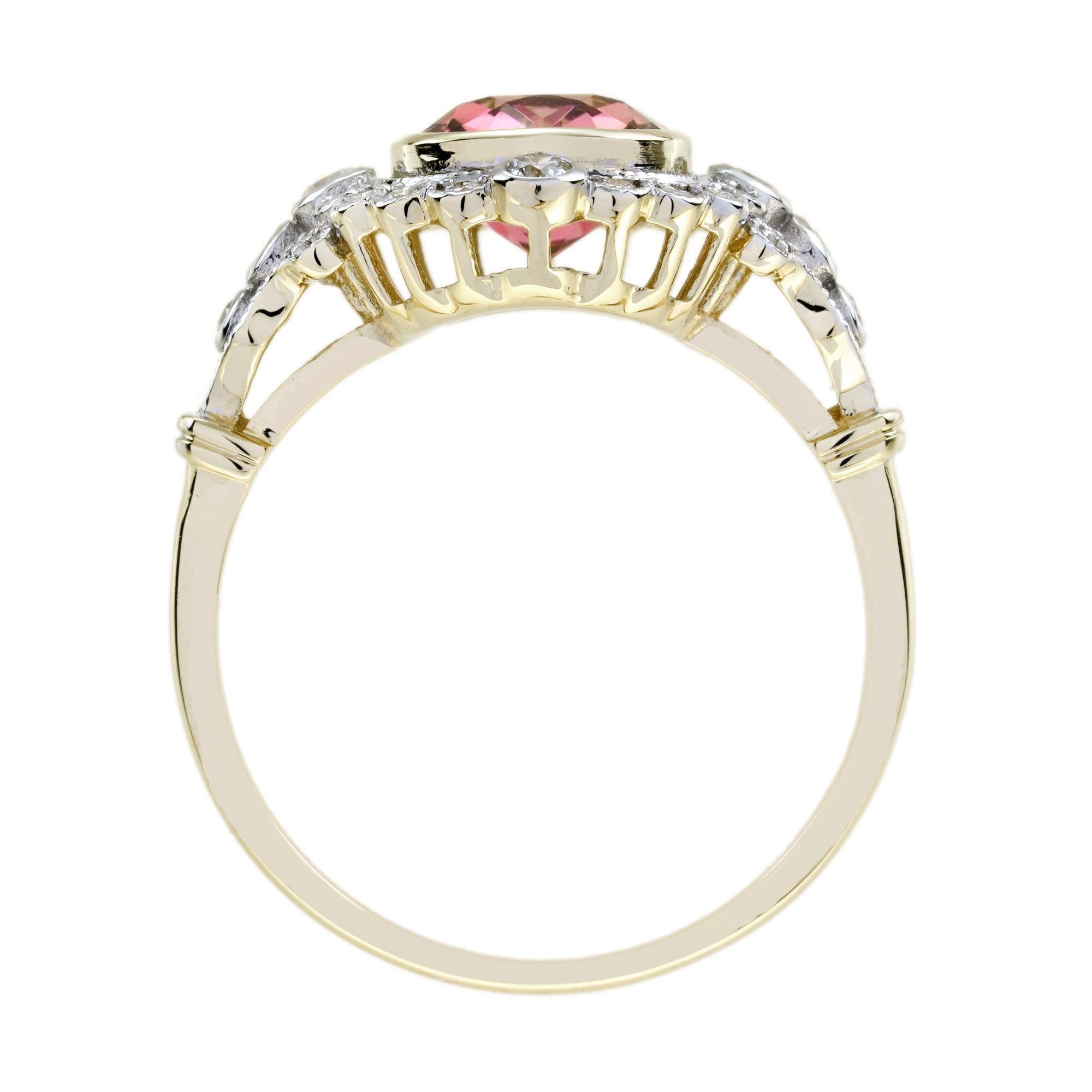 Bague de fiançailles en or jaune 14 carats avec tourmaline rose, diamant et halo de style ancien en vente 5