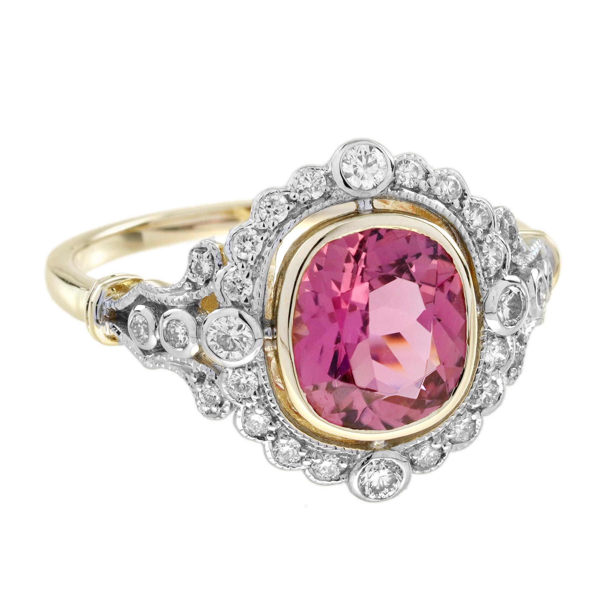Bague de fiançailles en or jaune 14 carats avec tourmaline rose, diamant et halo de style ancien en vente 2