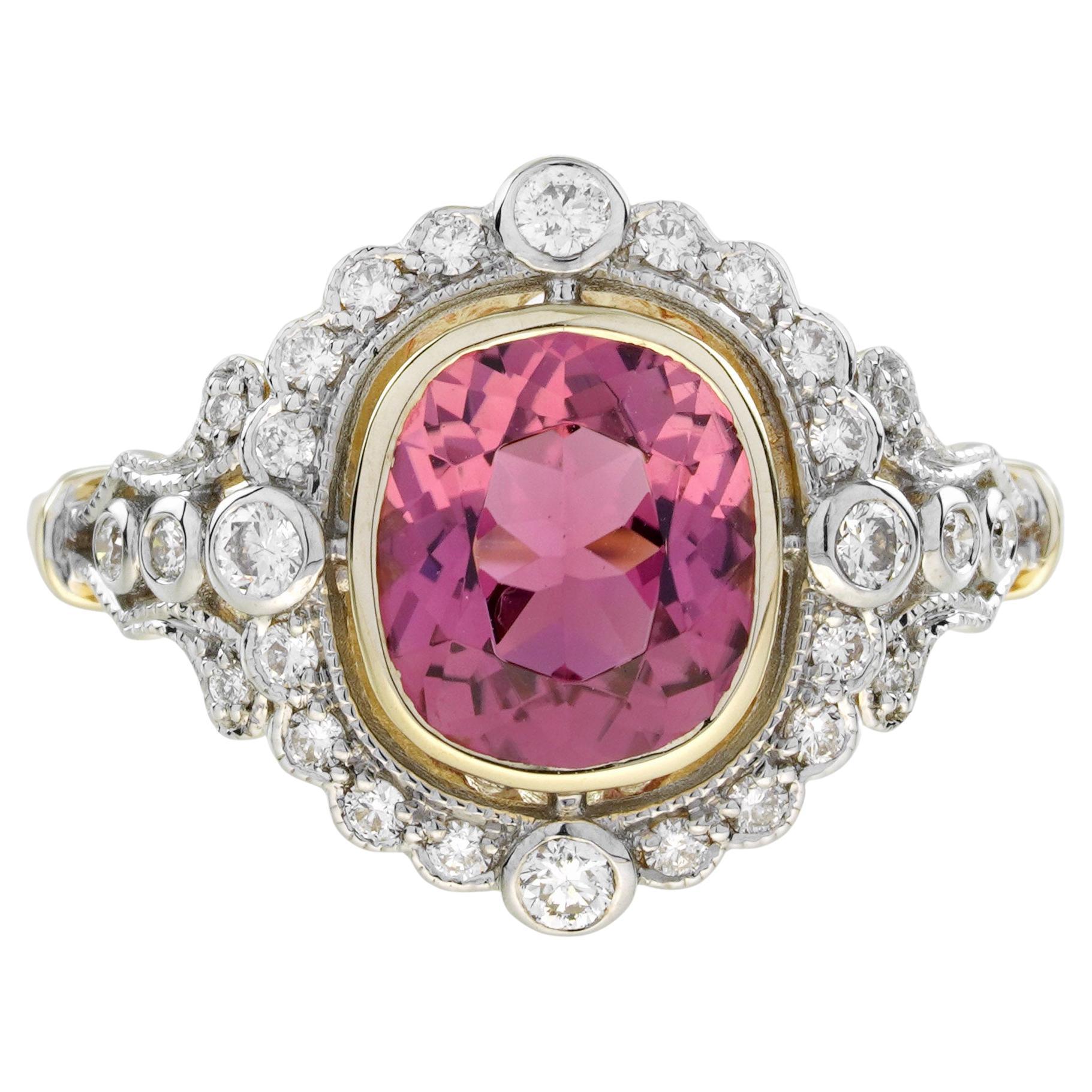 Bague de fiançailles en or jaune 14 carats avec tourmaline rose, diamant et halo de style ancien en vente