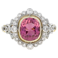 Pink Tourmaline Diamond Antique Style Halo Engagement Ring in 14K Yellow Gold