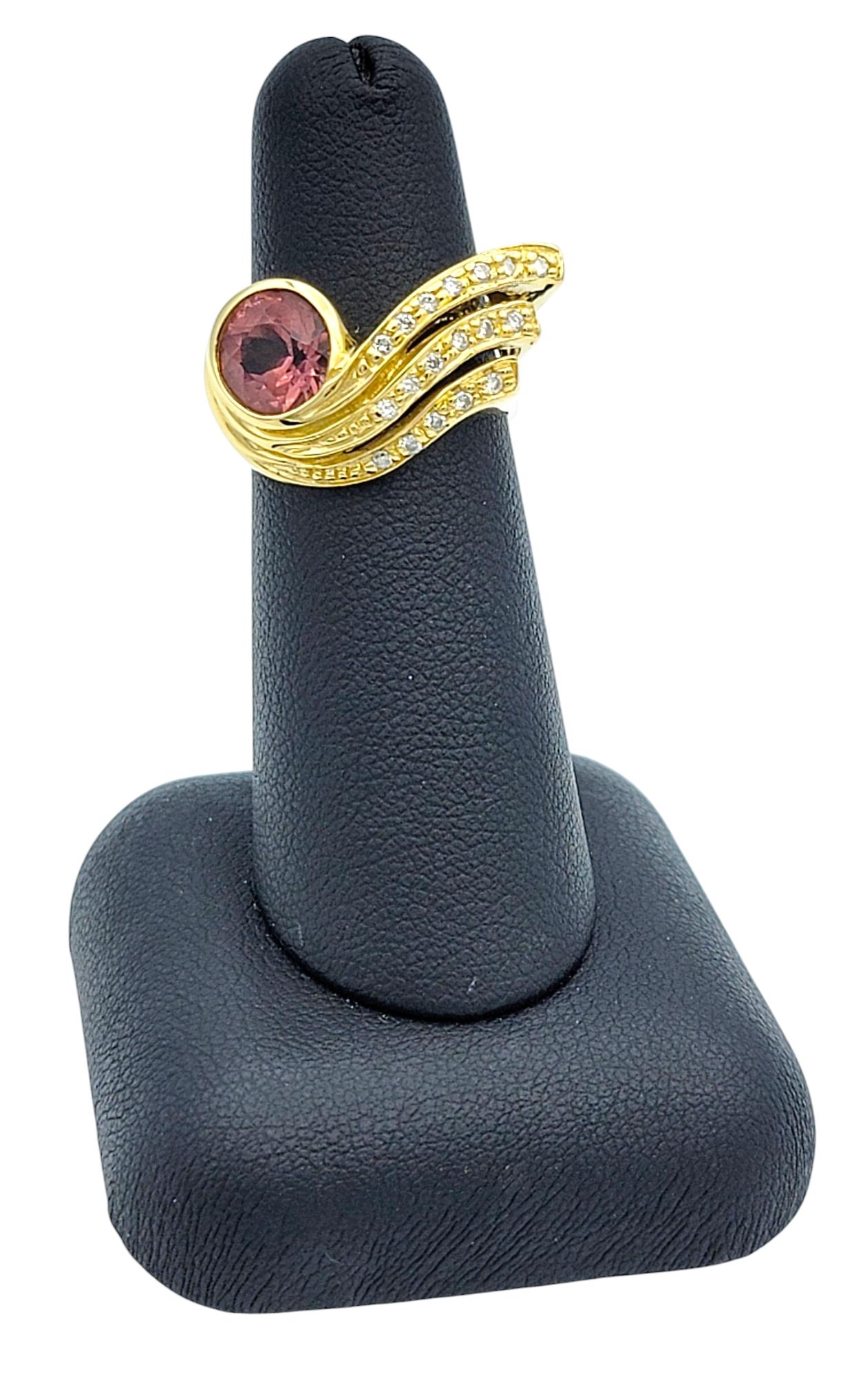 Pink Tourmaline & Diamond Asymmetrical Swirl Cocktail Ring 18 Karat Yellow Gold For Sale 4