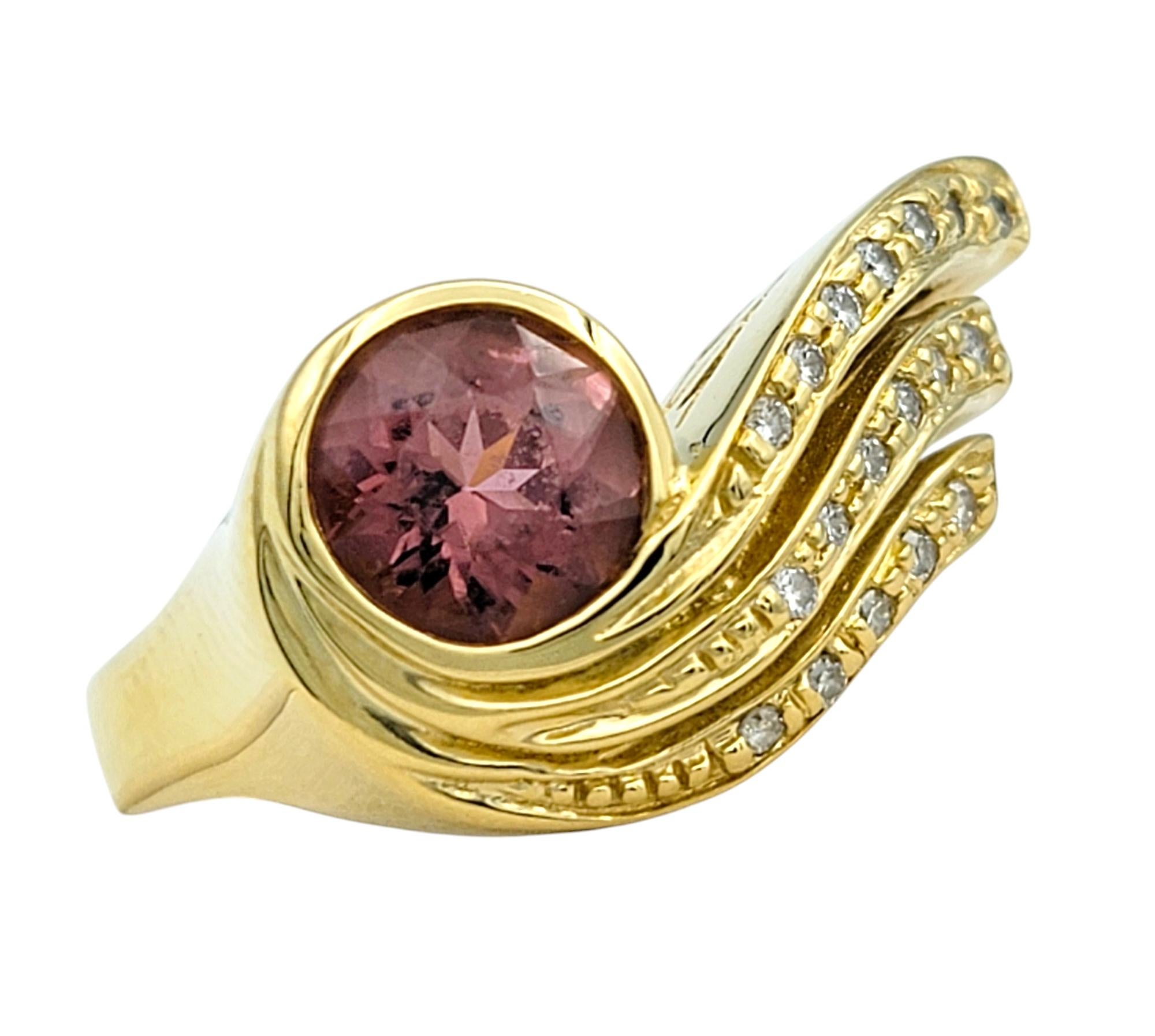 Contemporary Pink Tourmaline & Diamond Asymmetrical Swirl Cocktail Ring 18 Karat Yellow Gold For Sale