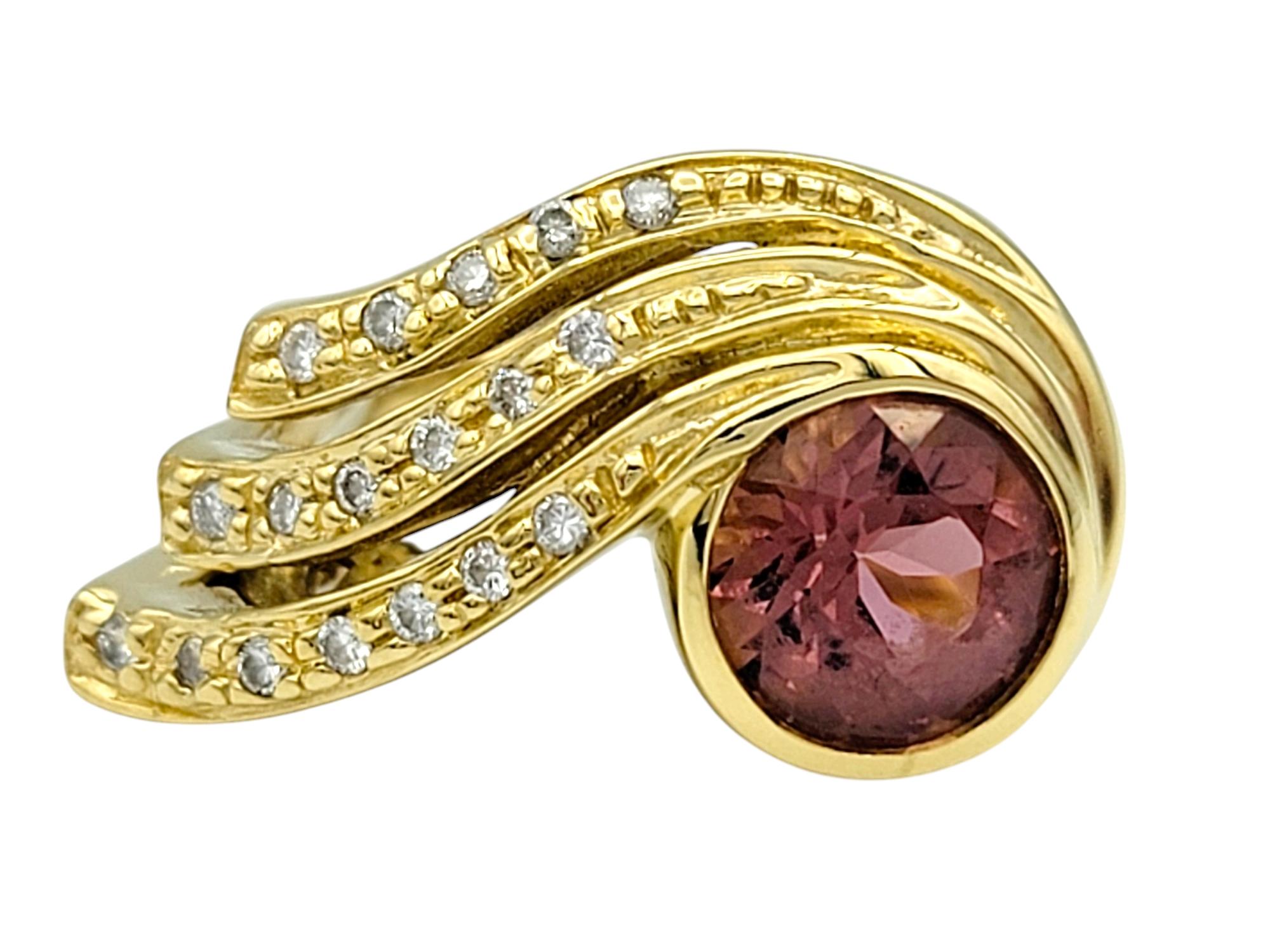 Round Cut Pink Tourmaline & Diamond Asymmetrical Swirl Cocktail Ring 18 Karat Yellow Gold For Sale
