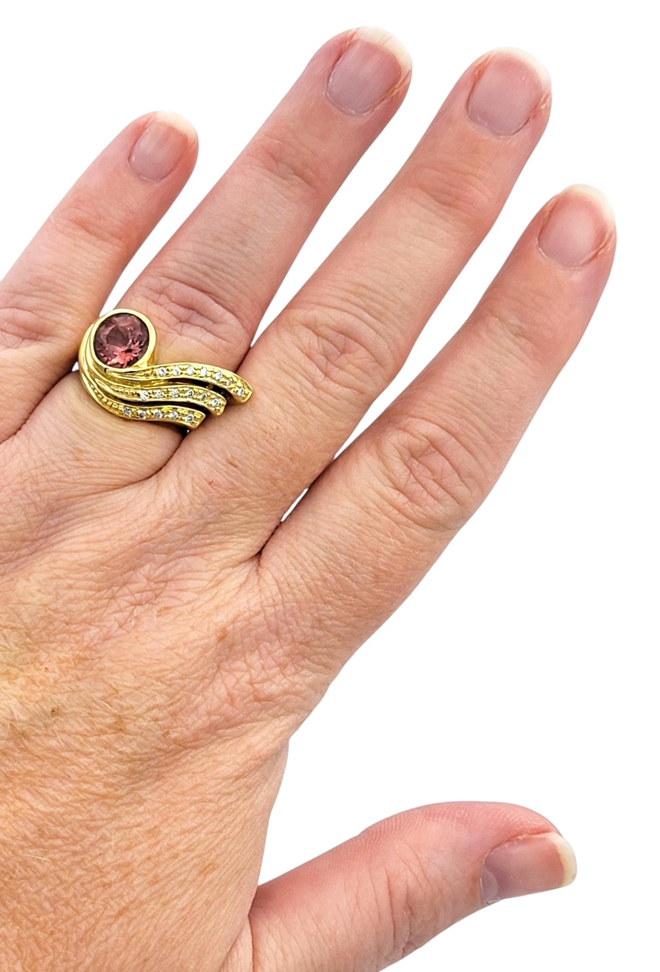 Pink Tourmaline & Diamond Asymmetrical Swirl Cocktail Ring 18 Karat Yellow Gold For Sale 1