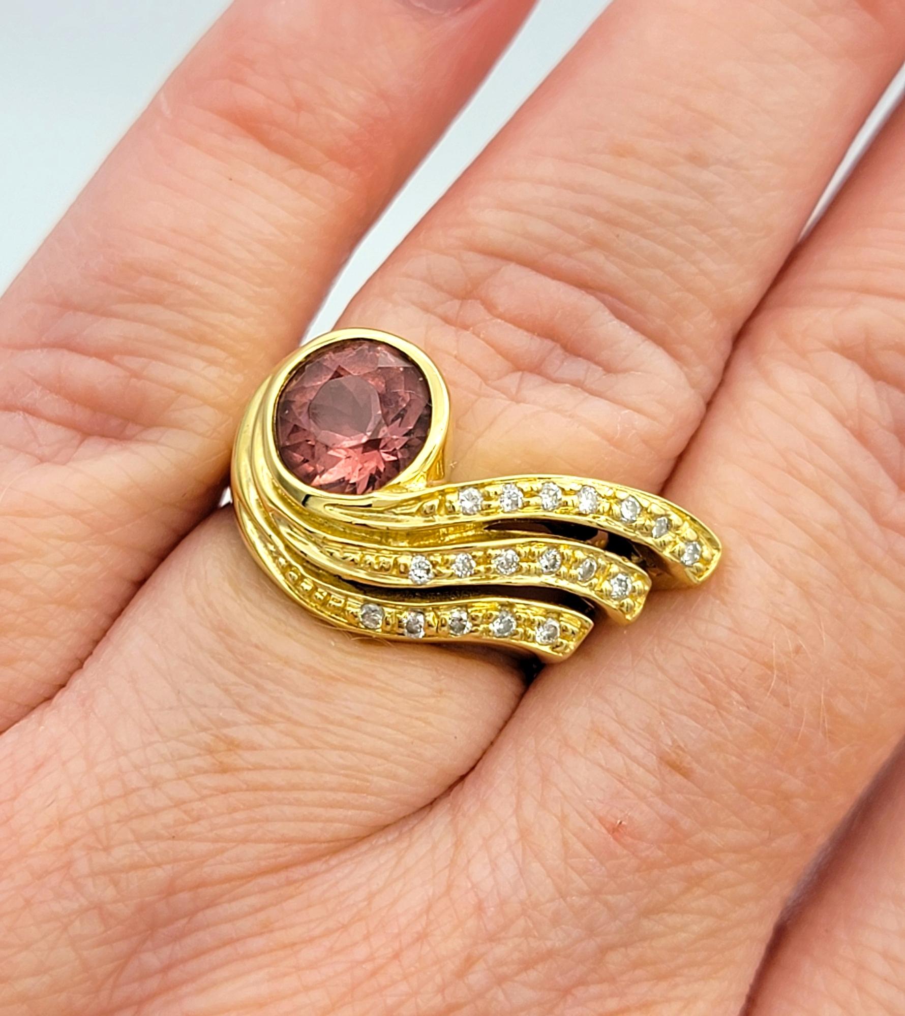 Pink Tourmaline & Diamond Asymmetrical Swirl Cocktail Ring 18 Karat Yellow Gold For Sale 2