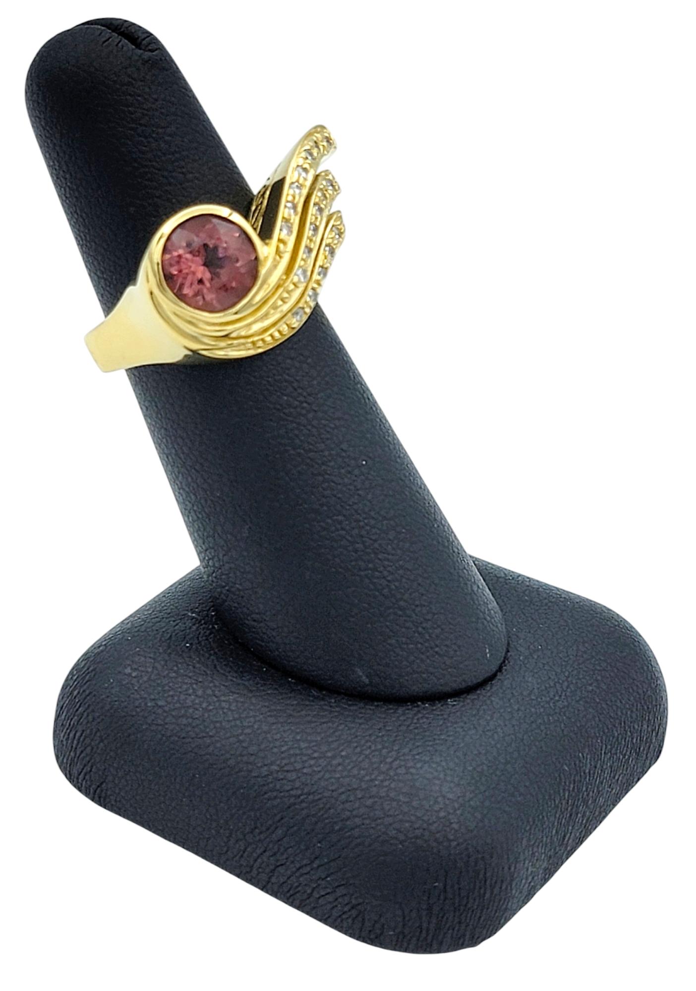 Pink Tourmaline & Diamond Asymmetrical Swirl Cocktail Ring 18 Karat Yellow Gold For Sale 3