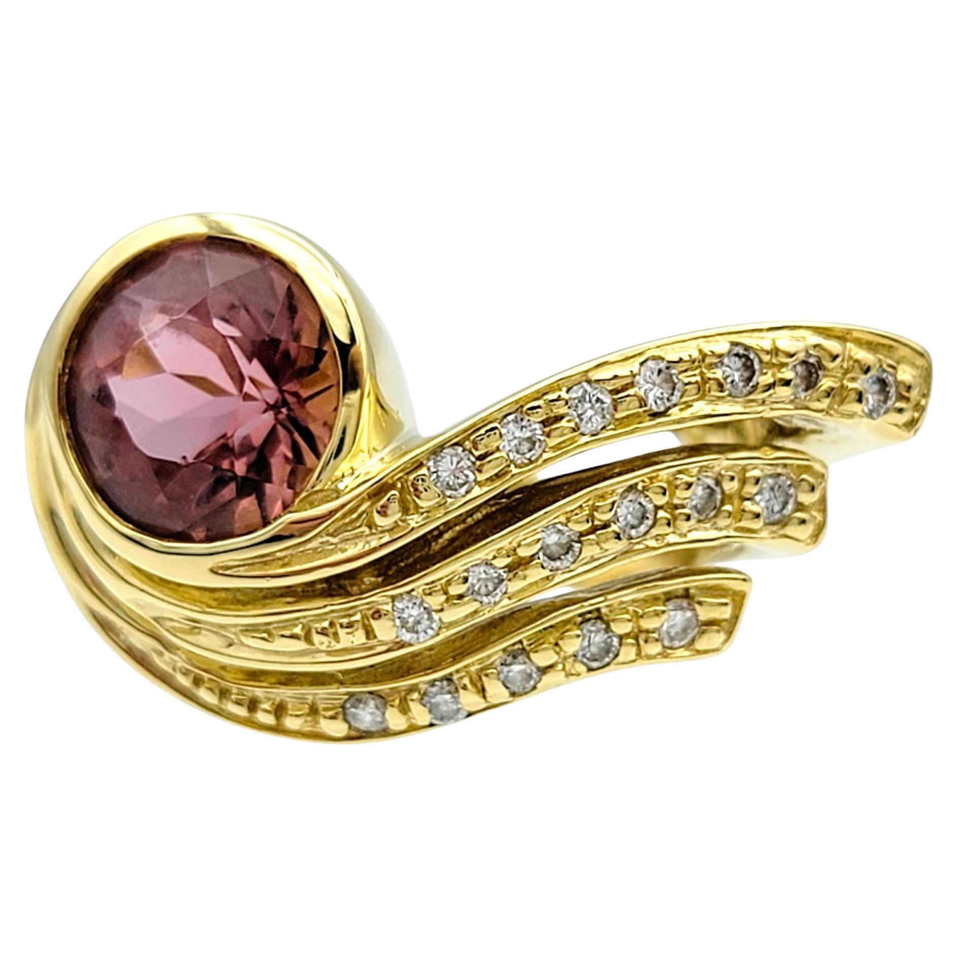 Pink Tourmaline & Diamond Asymmetrical Swirl Cocktail Ring 18 Karat Yellow Gold For Sale