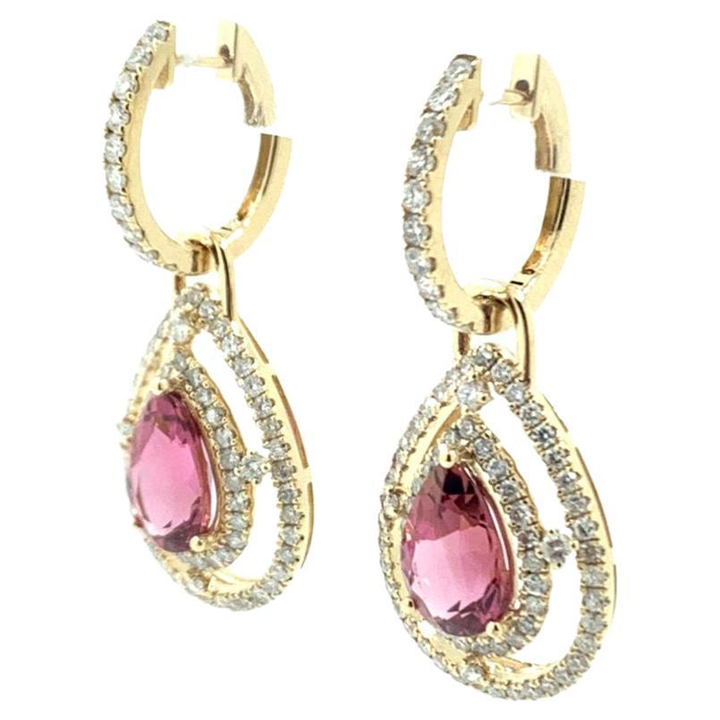 Contemporary 2.06Ct Pink Tourmaline Diamond Drop Earrings in 14 Karat Yellow Gold For Sale