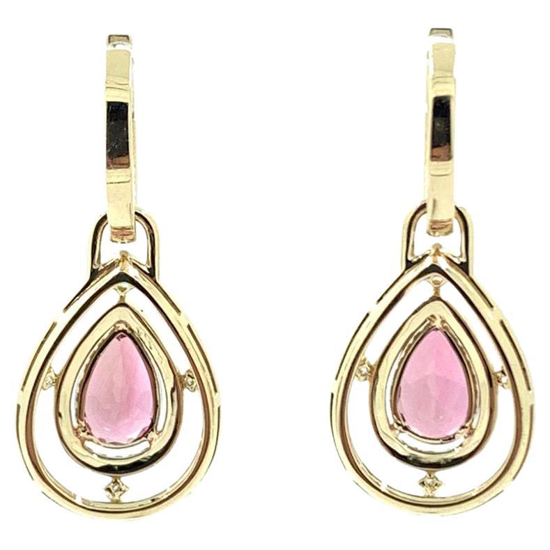 Pear Cut 2.06Ct Pink Tourmaline Diamond Drop Earrings in 14 Karat Yellow Gold For Sale
