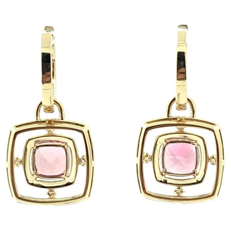 Cushion Cut Pink Tourmaline Diamond Drop Earrings in 14 Karat Yellow Gold For Sale