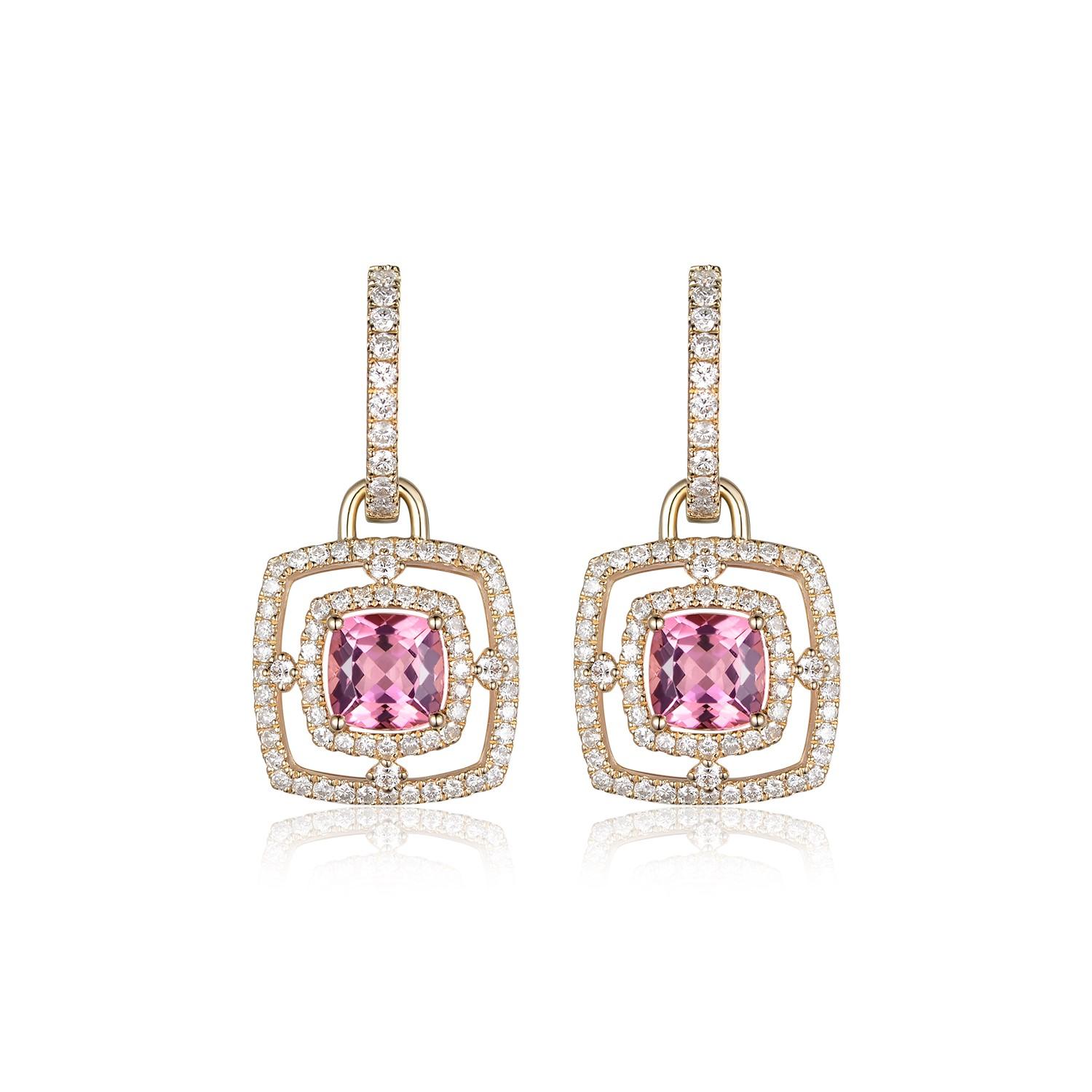 De las mujeres Pendientes de Gota de Turmalina Rosa y Diamante en Oro Amarillo de 14 Kilates en venta