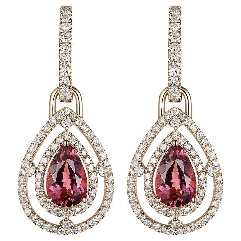 2.06Ct Pink Tourmaline Diamond Drop Earrings in 14 Karat Yellow Gold For Sale