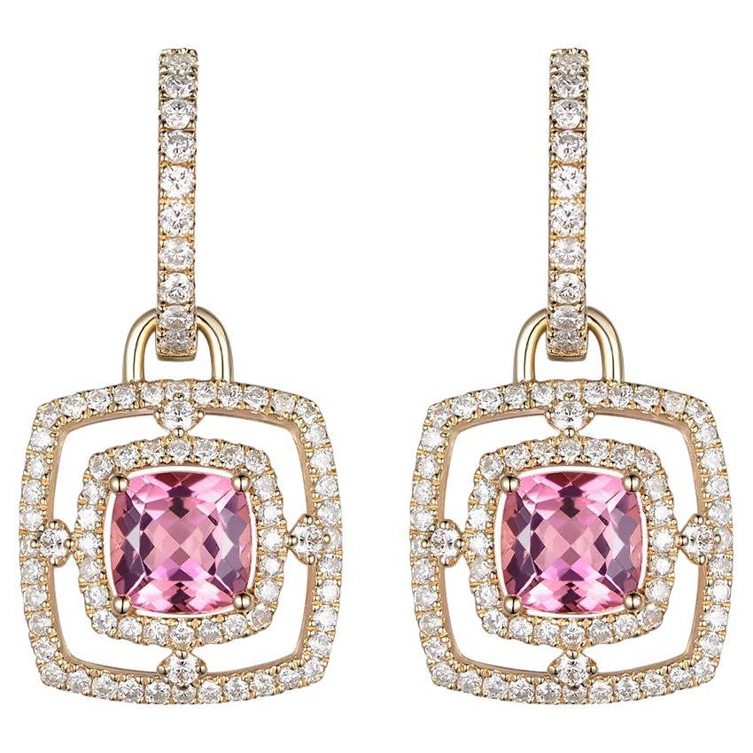 Pink Tourmaline Diamond Drop Earrings in 14 Karat Yellow Gold For Sale