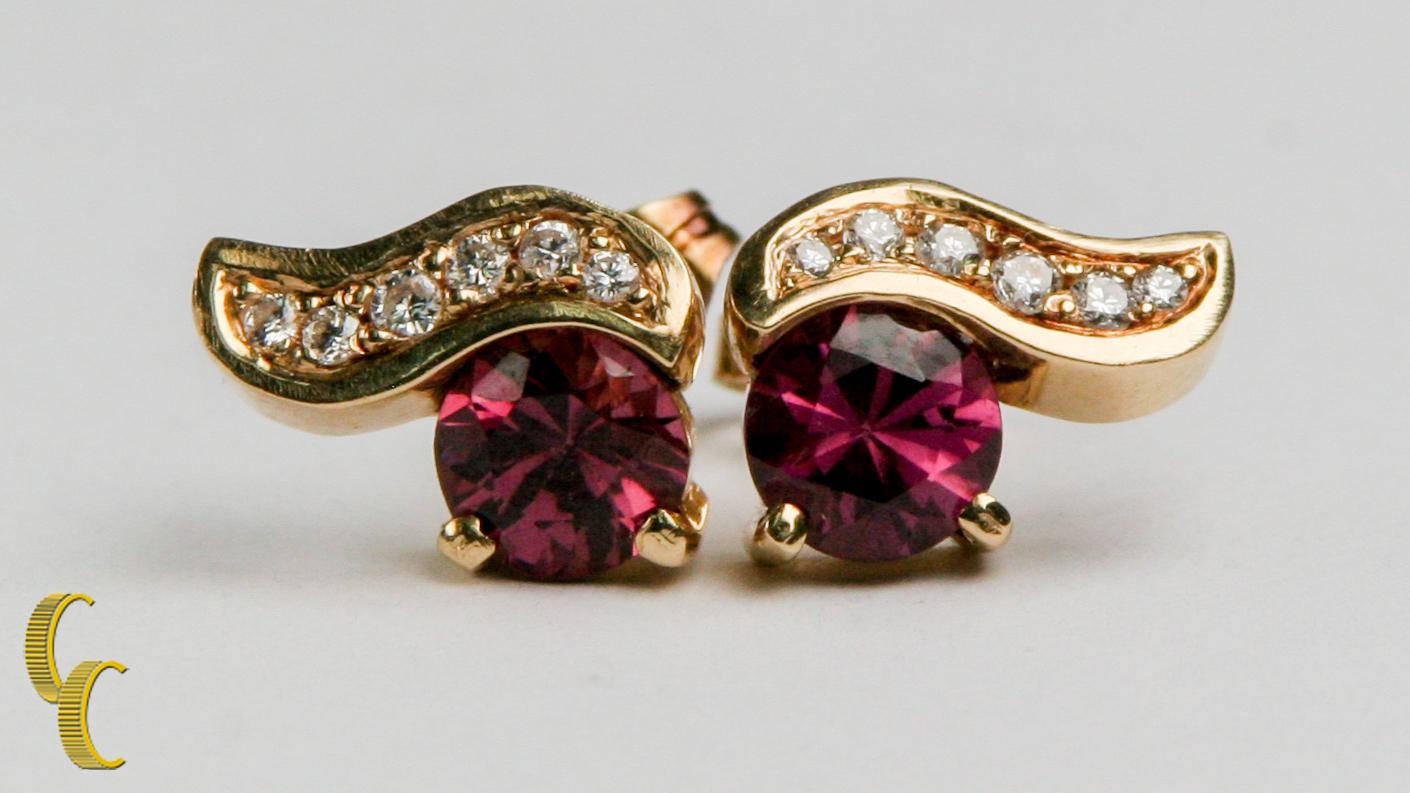 14K Yellow Gold Pink Tourmaline & Diamond Earrings 0.20 Carats 
9 mm Across (Including Tourmaline)
12 mm long
Total Mass = 3.8 grams
Screw backs
Total Tourmaline Weight = 2 ct
Average Diamond Color = F
Total Diamond Weight = 0.20 Carats Total