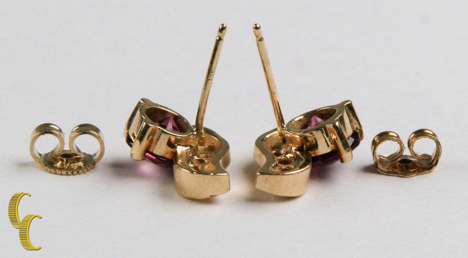 Round Cut Pink Tourmaline and Diamond Earrings Set in 14 Karat Yellow Gold For Sale