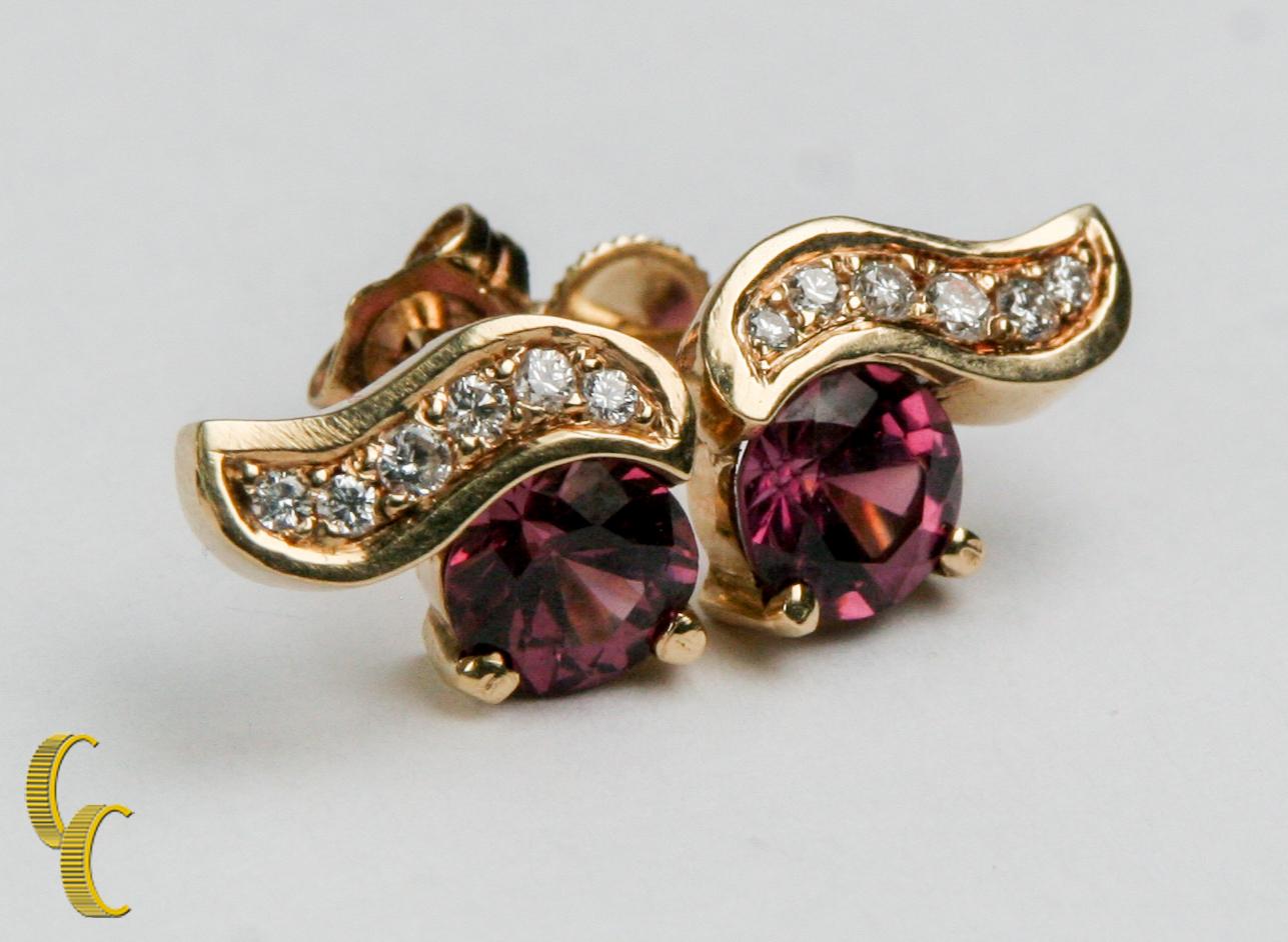 Pink Tourmaline and Diamond Earrings Set in 14 Karat Yellow Gold In Good Condition For Sale In Sherman Oaks, CA