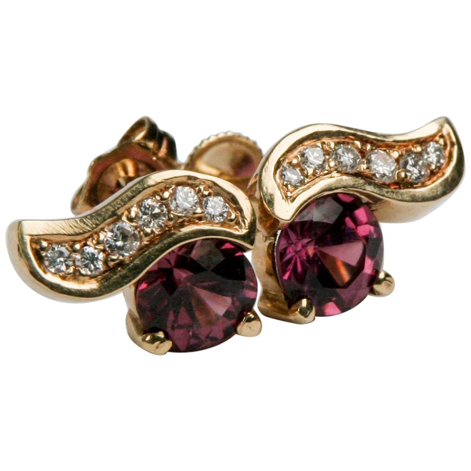 Pink Tourmaline and Diamond Earrings Set in 14 Karat Yellow Gold For Sale