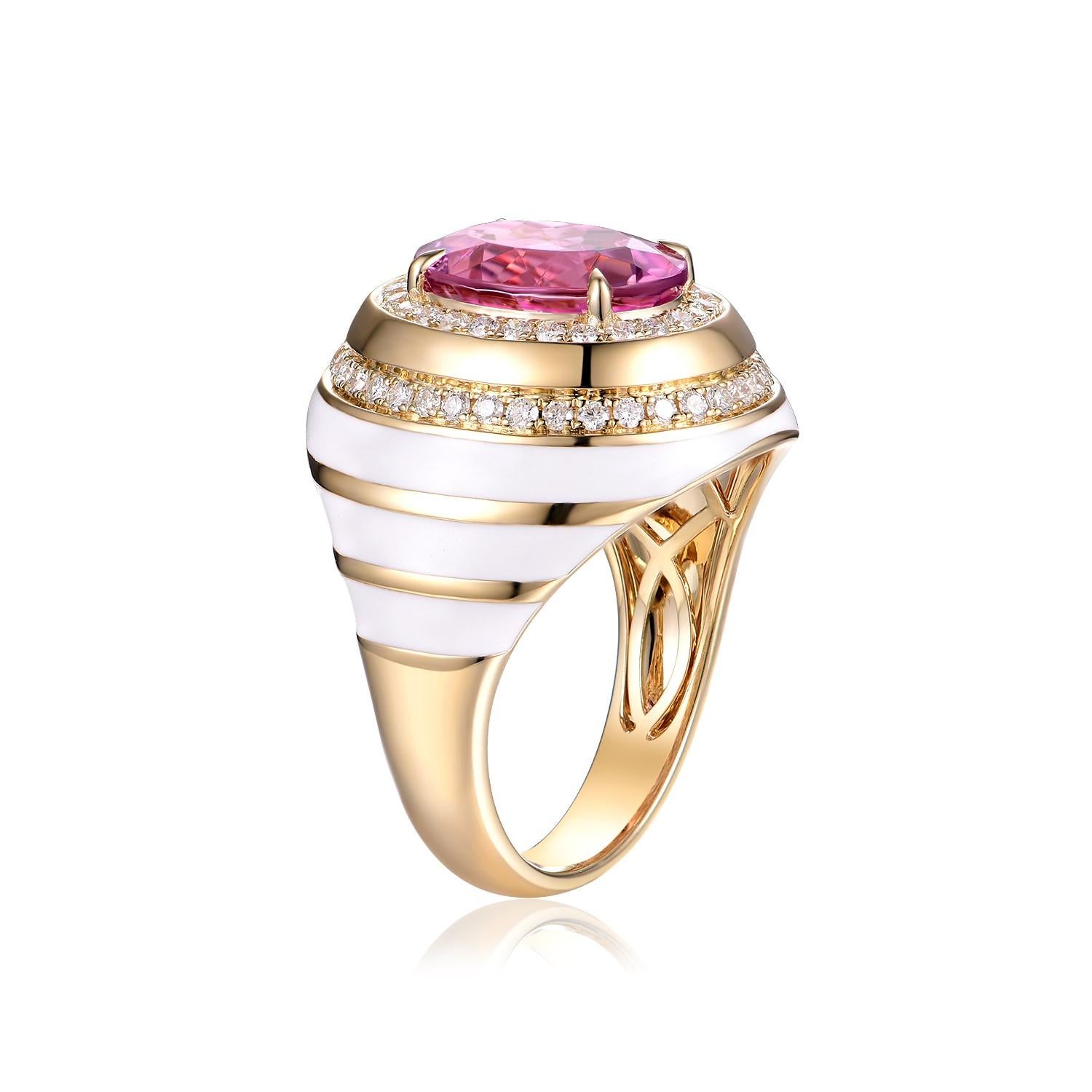 This exquisite ring, sized at US 6.75 with resizing available, showcases a stunning 3.45-carat oval tourmaline as its centerpiece. The tourmaline radiates with a rich pink color, offering an aura of luxury and charm. Surrounding the central gem is a
