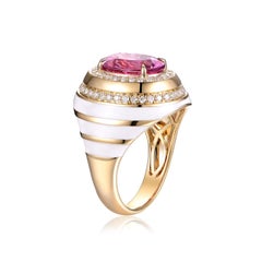 Pink Tourmaline Diamond Enamel Cocktail Ring in 14 Karat Yellow Gold