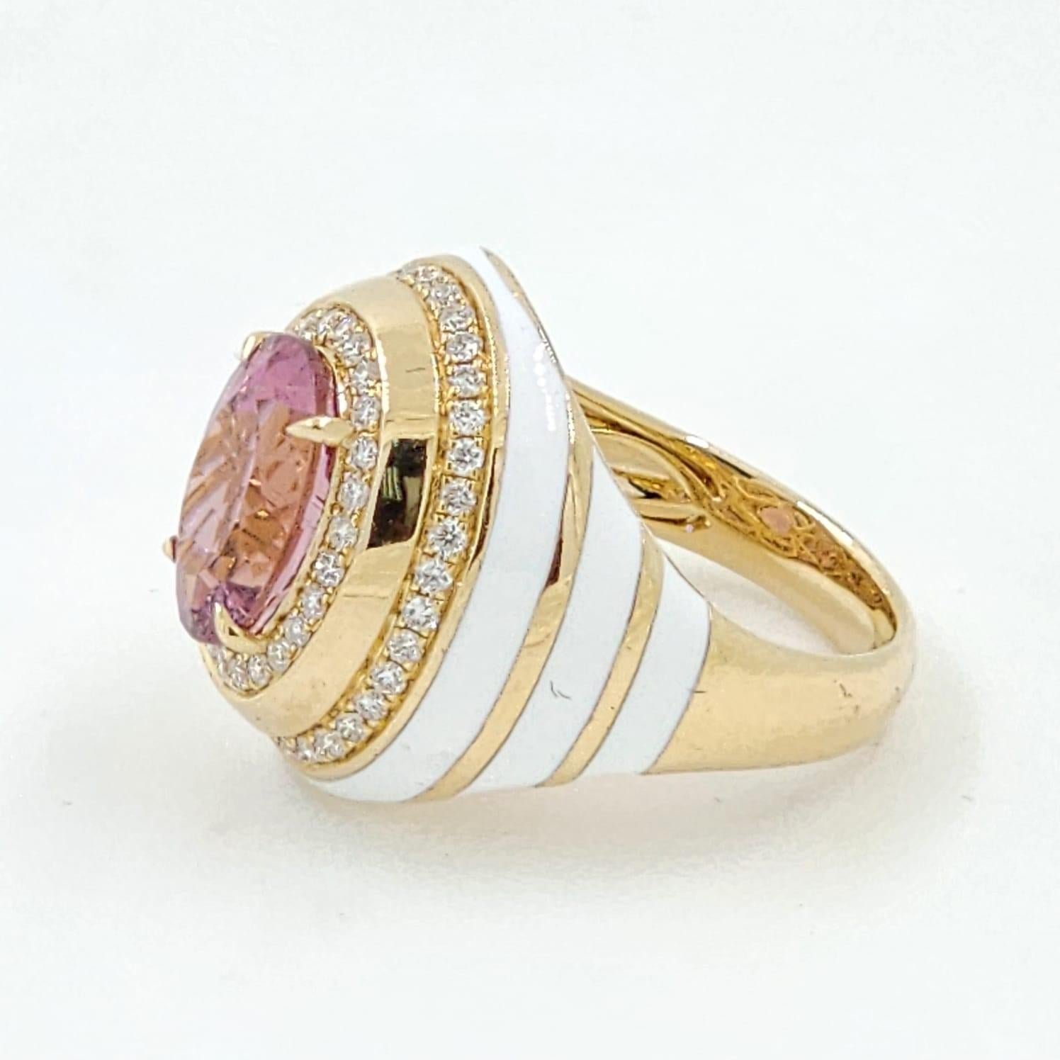 Art Deco Pink Tourmaline Diamond Enamel Cocktail Ring in 14 Karat Yellow Gold For Sale