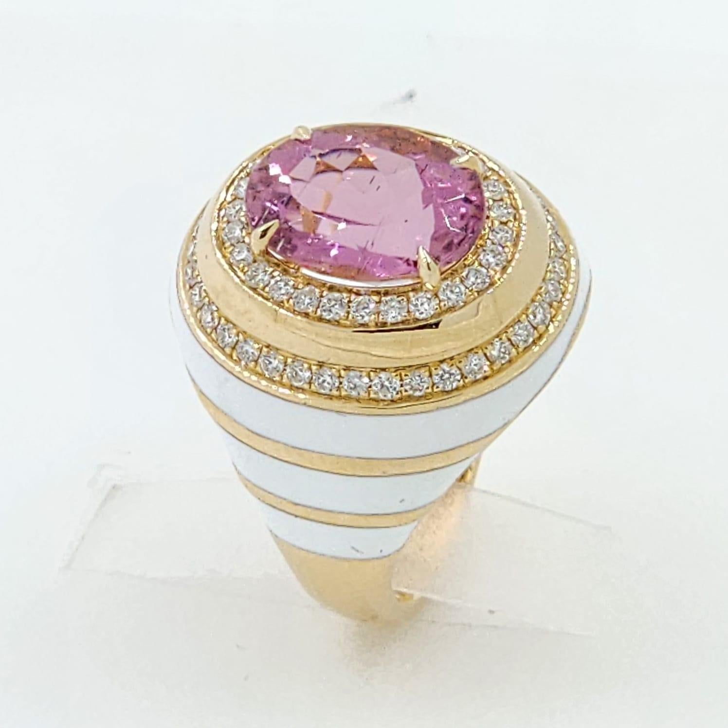 Heart Cut Pink Tourmaline Diamond Enamel Cocktail Ring in 14 Karat Yellow Gold For Sale