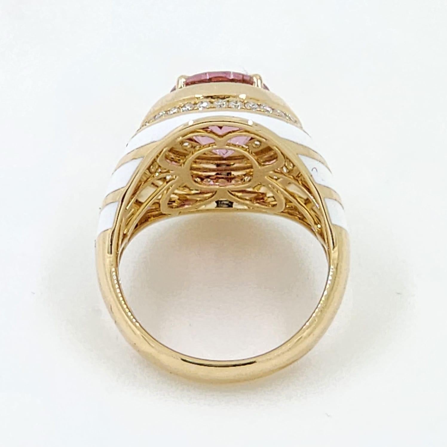 Women's Pink Tourmaline Diamond Enamel Cocktail Ring in 14 Karat Yellow Gold For Sale